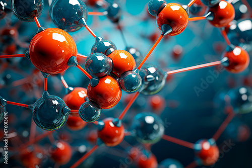 Abstract microbiological background with red and blue molecules in cells poster design science study of dna structure photo