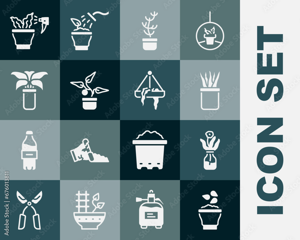 Set Seeds in bowl, Flower glass bottle, Plant pot, Exotic tropical plant, Spraying and hanging icon. Vector Set Seeds in bowl, Flower glass bottle, Plant pot, Exotic tropical plant, Spraying and hanging icon. Vector