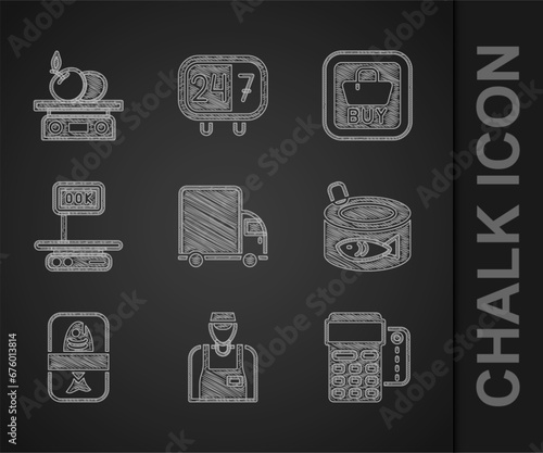 Set Delivery cargo truck, Seller, POS terminal with credit card, Canned fish, Fish plastic tray container, Electronic scales, Buy button and for product icon. Vector