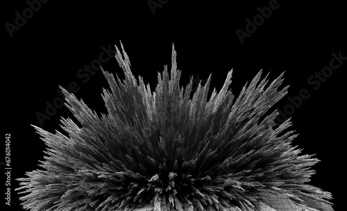 Iron dust spikes. Reaction of iron powder to a magnetic field. Iron filings. Isolated on black background. 