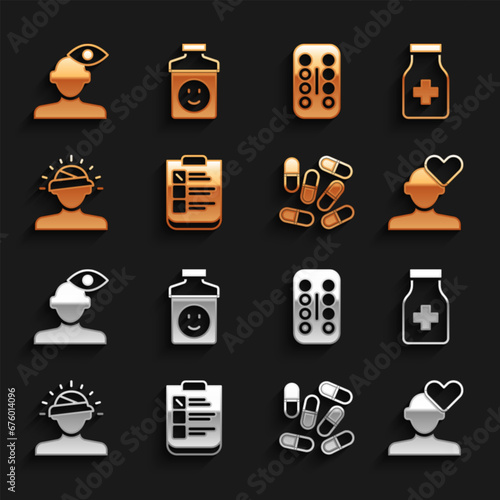 Set Psychological test, Sedative pills, Broken heart or divorce, Medicine tablet, Concussion, headache, Solution problem psychology and Antidepressants icon. Vector