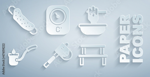Set Wooden axe, Honey dipper stick with bowl, Sauna ladle, wood bench, thermometer and Washcloth icon. Vector
