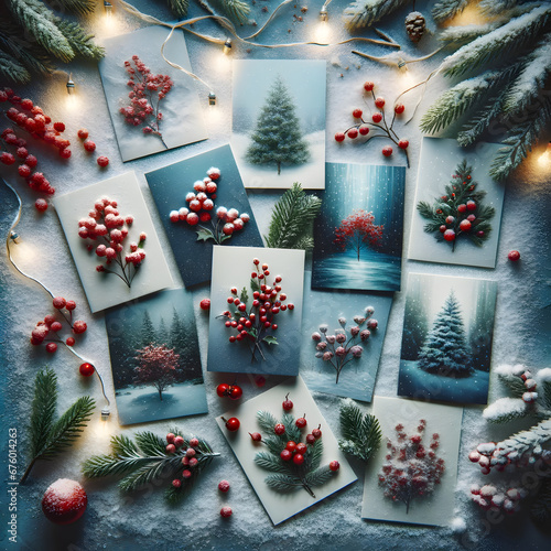 A collection of Christmas cards arranged on an ice-blue backdrop