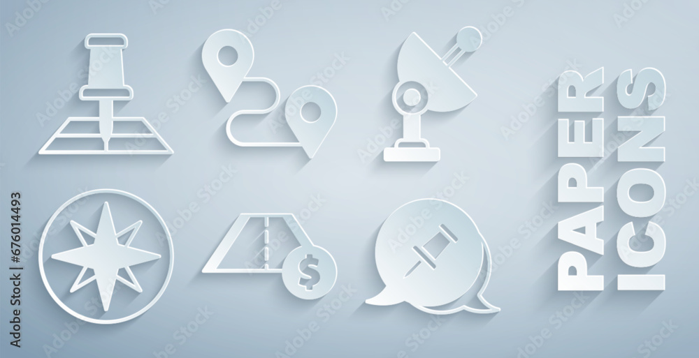 Set Toll road traffic, Radar, Wind rose, Push pin, Route location and Folded map with marker icon. Vector Set Toll road traffic, Radar, Wind rose, Push pin, Route location and Folded map with marker icon. Vector
