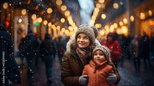 Ai generated image with a surprised woman with her daughter on the street with christmas decorations 