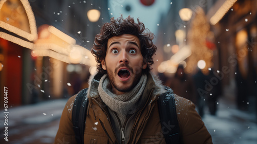 Ai generated image with a surprised young man on the street with christmas decorations