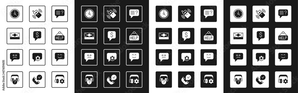 Set Unknown search, Paid support, Stacks paper money cash, Clock, Signboard with text Help, Mobile phone, Smile face and Sad smile icon. Vector Set Unknown search, Paid support, Stacks paper money cash, Clock, Signboard with text Help, Mobile phone, Smile face and Sad smile icon. Vector