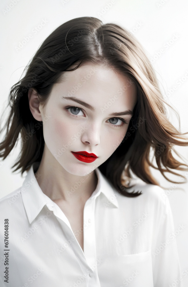 ritratto di giovane affascinante ragazza, capelli castano scuro, labbra con rossetto rosso, camicia bianca aperta ritratto di giovane affascinante ragazza, capelli castano scuro, labbra con rossetto rosso, camicia bianca aperta