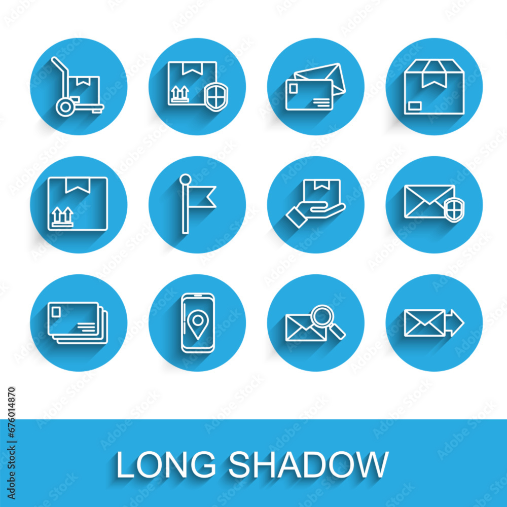 Set line Envelope, Mobile with app delivery tracking, Hand truck and boxes, magnifying glass, Location marker, shield and Delivery hand icon. Vector Set line Envelope, Mobile with app delivery tracking, Hand truck and boxes, magnifying glass, Location marker, shield and Delivery hand icon. Vector