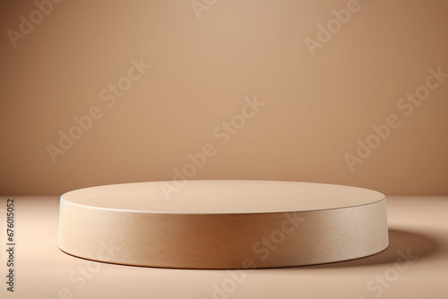 Neutral beige podium display background. Round stand for cosmetic products. Beauty product promotion mockup with pedestal near empty wall. © Iryna