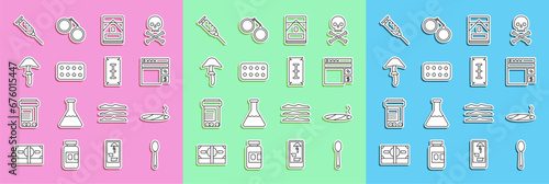 Set line Heroin in a spoon, Cigar with smoke, Buying drugs online, Cigarettes pack box, Pills blister, Psilocybin mushroom, Syringe and Blade razor icon. Vector
