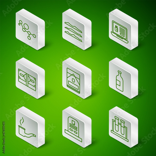 Set line Test tube and flask, Tombstone with RIP written, Cannabis molecule, Cigarettes pack box, Stacks paper money cash, Cocaine or heroin drug, Smoking pipe and Alcohol drink bottle icon. Vector