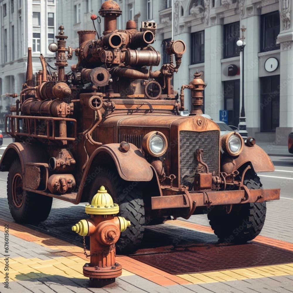 Steampunk Fire Engines On City Streets