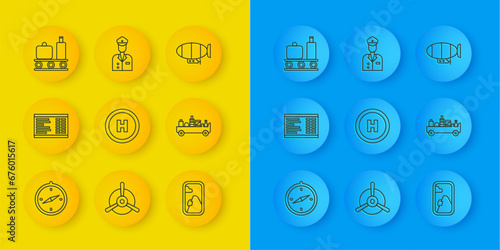 Set line Compass, Airport board, Helicopter landing pad, Airplane window, luggage towing truck, conveyor belt with suitcase, Airship and Pilot icon. Vector