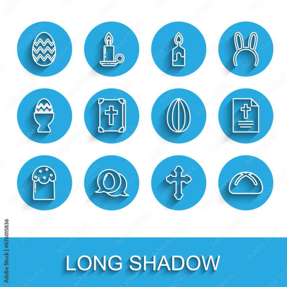 Set line Easter cake, Speech bubble with easter egg, Christian cross, Holy bible book, Greeting card Happy and icon. Vector Set line Easter cake, Speech bubble with easter egg, Christian cross, Holy bible book, Greeting card Happy and icon. Vector