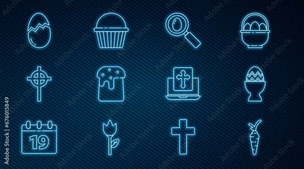 Set line Carrot, Easter egg on stand, Search easter, cake, Christian cross, Broken, Cross the laptop screen and icon. Vector Set line Carrot, Easter egg on stand, Search easter, cake, Christian cross, Broken, Cross the laptop screen and icon. Vector
