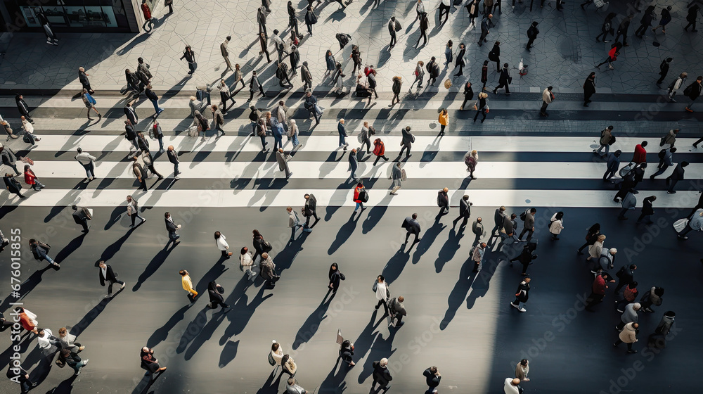 Obraz premium Aerial View: Crowd of People Walking on Urban Road