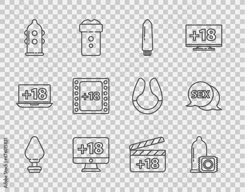 Set line Anal plug, Condom, Dildo vibrator, Monitor with 18 plus content, Play Video, Movie clapper and Speech bubble Sex icon. Vector