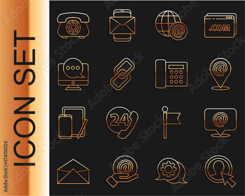 Set line Create account screen, Mail and e-mail, Location, Earth globe with, Chain link, Chat messages notification monitor, Telephone and icon. Vector