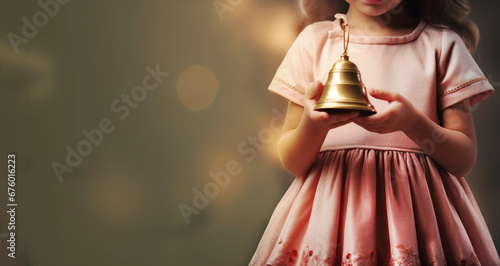 Cropped shot of little girl holding Christmas bell in her hand. Holiday or Christmas in kindergarten. Copy space. Banner. photo