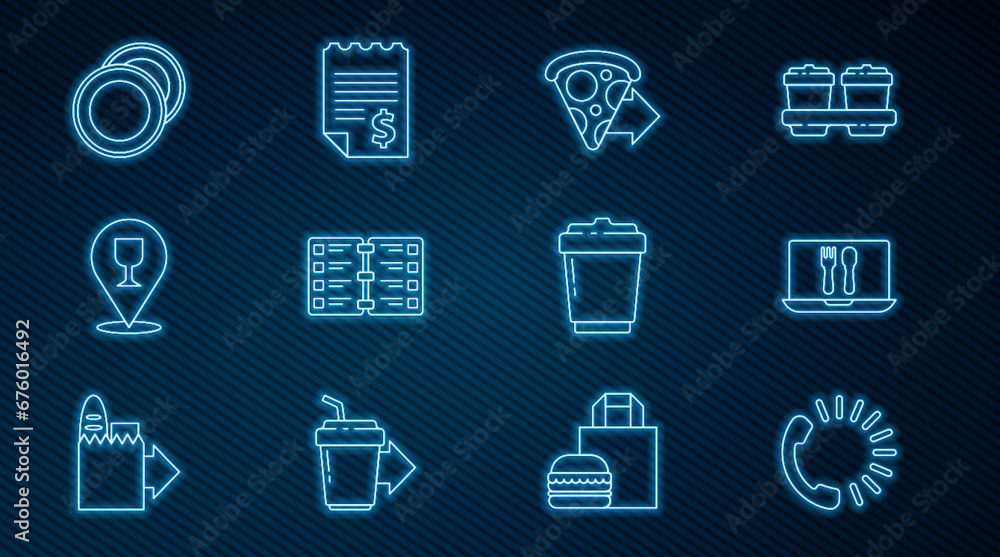 Set line Food ordering, Online and delivery, pizza, Restaurant cafe menu, Alcohol beer bar location, Plate, Coffee cup to go and Paper financial check icon. Vector Set line Food ordering, Online and delivery, pizza, Restaurant cafe menu, Alcohol beer bar location, Plate, Coffee cup to go and Paper financial check icon. Vector