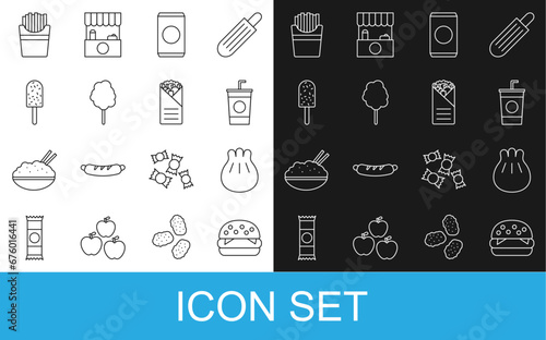 Set line Burger, Khinkali on cutting board, Paper glass with straw, Soda can, Cotton candy, Ice cream, Potatoes french fries box and Doner kebab icon. Vector