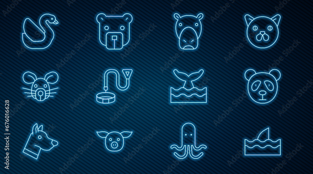 Set line Shark fin in ocean wave, Cute panda face, Hippo or Hippopotamus, Collar with name tag, Rat head, Swan bird, Whale tail and Bear icon. Vector Set line Shark fin in ocean wave, Cute panda face, Hippo or Hippopotamus, Collar with name tag, Rat head, Swan bird, Whale tail and Bear icon. Vector