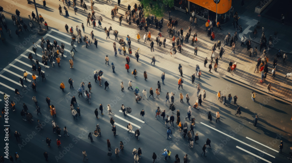 Obraz premium Aerial View: Crowd of People Walking on Urban Road