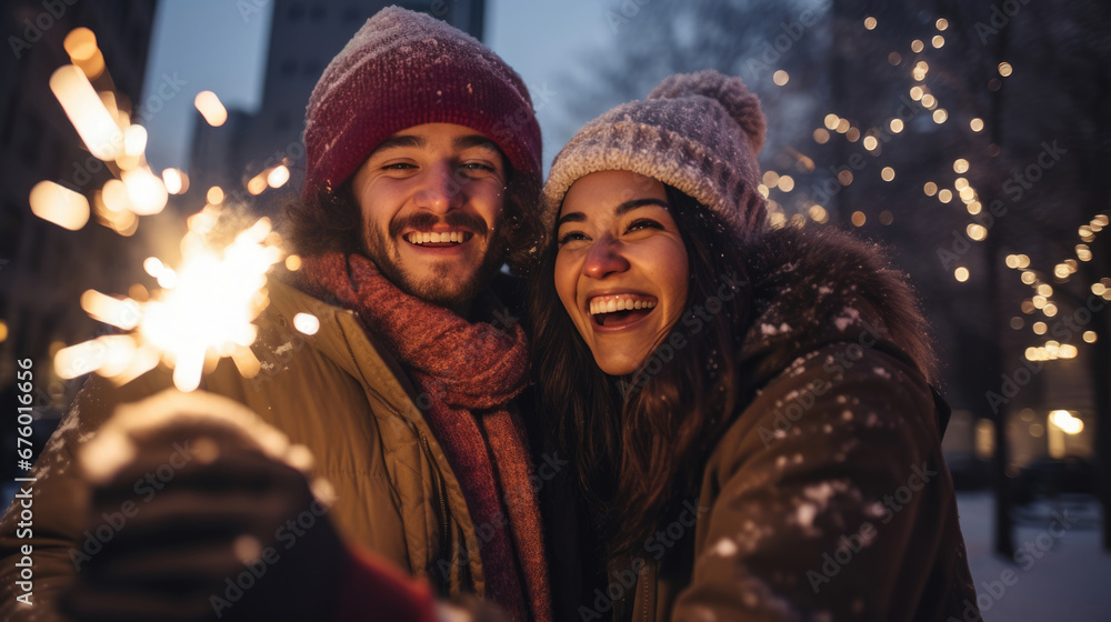 A happy couple in winter attire, holding a sparkler and sharing a joyful moment together at night. A happy couple in winter attire, holding a sparkler and sharing a joyful moment together at night.