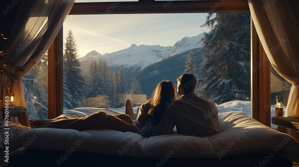 Happy couple in cozy interior with panoramic window with great view on the snowy mountains - obrazy, fototapety, plakaty 