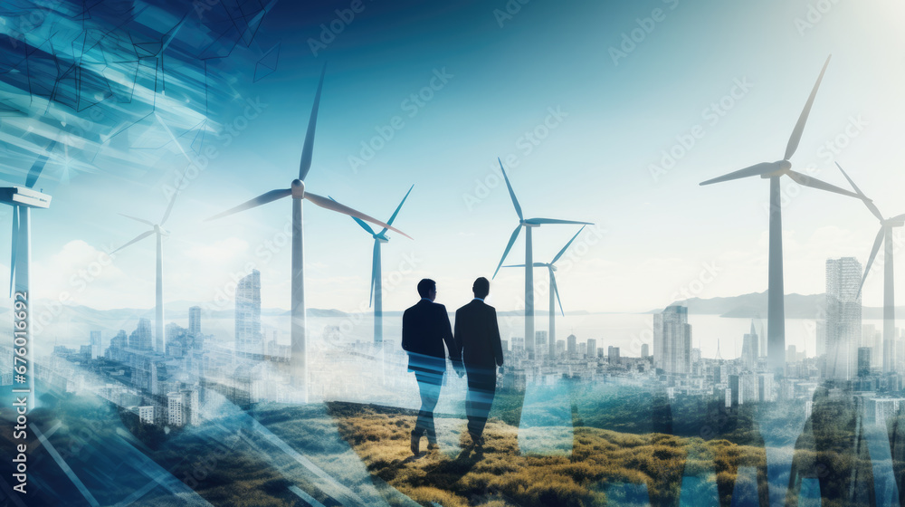 Businesspeople walk amidst towering skyscrapers and wind turbines, representing a harmonious blend of urban development and sustainable energy. Businesspeople walk amidst towering skyscrapers and wind turbines, representing a harmonious blend of urban development and sustainable energy.