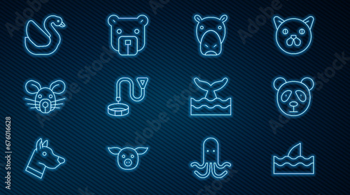 Set line Shark fin in ocean wave  Cute panda face  Hippo or Hippopotamus  Collar with name tag  Rat head  Swan bird  Whale tail and Bear icon. Vector