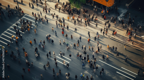 Aerial View: Crowd of People Walking on Urban Road