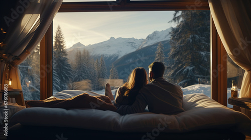 Happy couple in cozy interior with panoramic window with great view on the snowy mountains photo