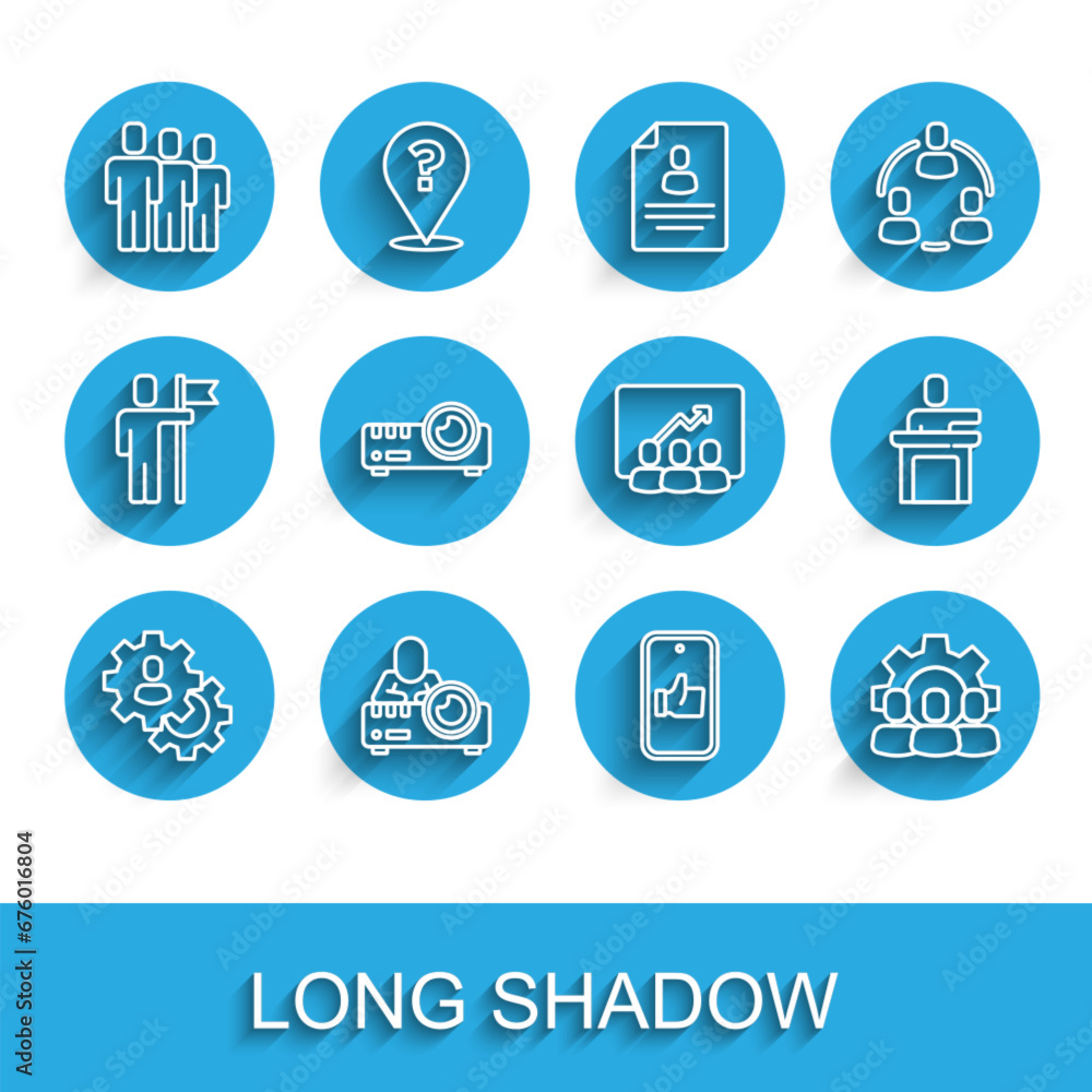 Set line Head hunting, Media projector, Users group, Hand like, Project team base, Speaker and icon. Vector Set line Head hunting, Media projector, Users group, Hand like, Project team base, Speaker and icon. Vector