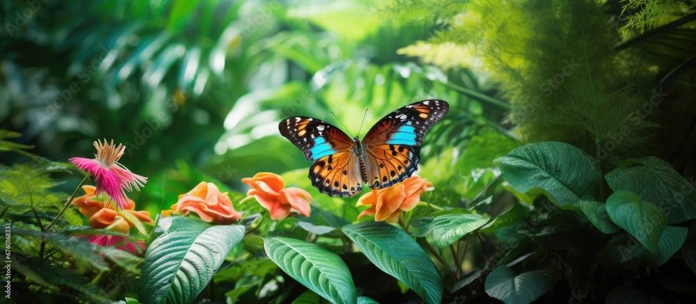 In the background of a summer garden an isolated leaf flutters gracefully as a colorful butterfly dances amongst the vibrant green plants and tropical flowers creating a vibrant stage in na