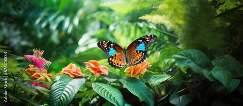 In the background of a summer garden an isolated leaf flutters gracefully as a colorful butterfly dances amongst the vibrant green plants and tropical flowers creating a vibrant stage in na © TheWaterMeloonProjec