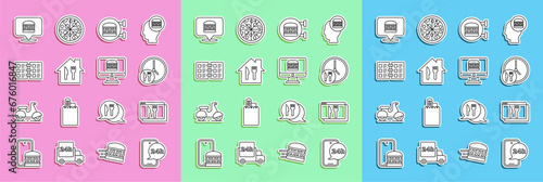 Set line Food ordering, Online and delivery, Round the clock, burger, Restaurant cafe menu, and icon. Vector