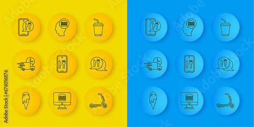 Set line Ice cream, Fast delivery by car, Online ordering and, Scooter, Cafe restaurant location, Paper glass with water and icon. Vector