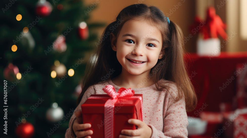 A joyful child with curly hair, dressed in red, holds a Christmas gift with a sparkling bokeh light background. A joyful child with curly hair, dressed in red, holds a Christmas gift with a sparkling bokeh light background.