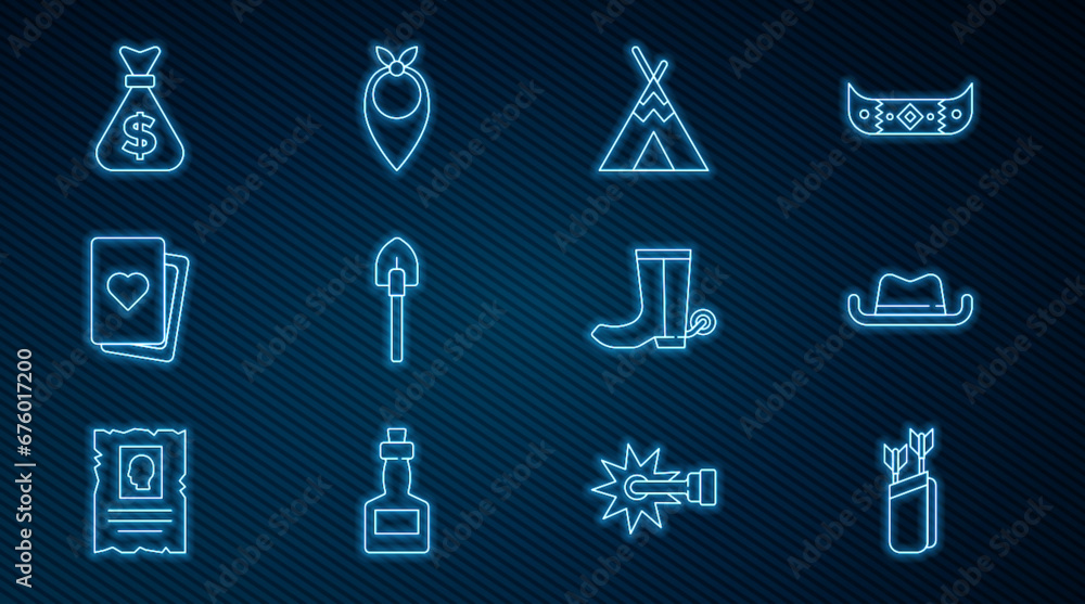 Set line Quiver with arrows, Western cowboy hat, Indian teepee or wigwam, Shovel, Deck of playing cards, Money bag, Cowboy boot and bandana icon. Vector