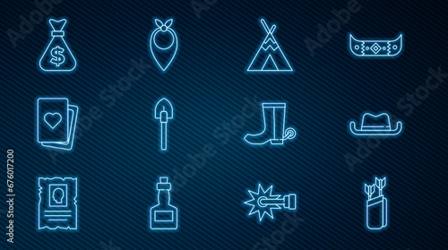 Set line Quiver with arrows, Western cowboy hat, Indian teepee or wigwam, Shovel, Deck of playing cards, Money bag, Cowboy boot and bandana icon. Vector