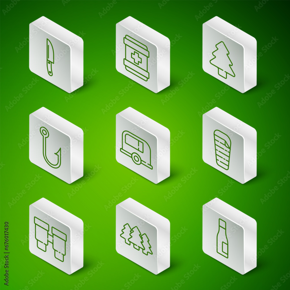 Set line Bottle of water, Forest, Knife, Rv Camping trailer, Fishing hook, First aid kit, Binoculars and Sleeping bag icon. Vector Set line Bottle of water, Forest, Knife, Rv Camping trailer, Fishing hook, First aid kit, Binoculars and Sleeping bag icon. Vector