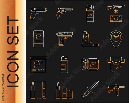 Set line Submachine gun M3, Gun holster, Location with weapon, Pepper spray, Pistol or, Shop mobile app, and magazine and bullets icon. Vector