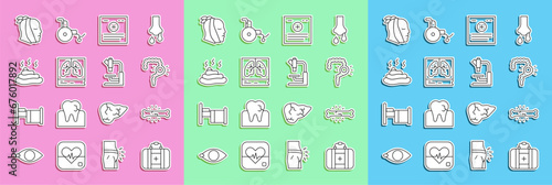 Set line First aid kit, Bone pain, Gut constipation, Clinical record, Lungs x-ray, Shit, Toothache and Microscope icon. Vector