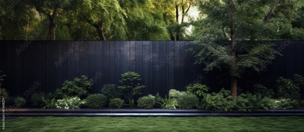 In the background of a summer garden the old wooden wall embraced the lush green nature blending seamlessly with the black metal architecture while providing a sense of security in the park In the background of a summer garden the old wooden wall embraced the lush green nature blending seamlessly with the black metal architecture while providing a sense of security in the park