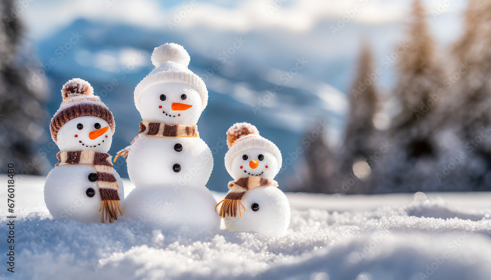 Small snowmans family of three on soft snow with copy space Small snowmans family of three on soft snow with copy space