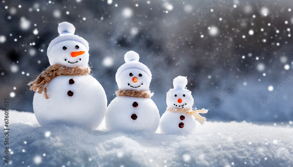 Small snowmans family of three on soft snow with copy space Small snowmans family of three on soft snow with copy space