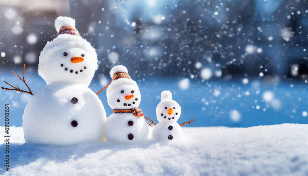 Fototapeta premium Small snowmans family of three on soft snow with copy space