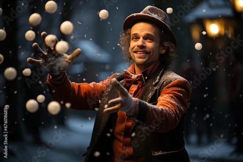 A snowy street enchantment show with an illusionist